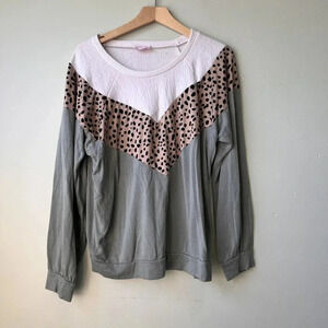 Pink Lily Womens Colorblock Leopard Print Long‎ Sleeve Casual Top L